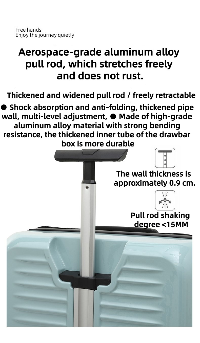 Close-up of thickened aerospace-grade aluminum alloy telescopic handle on luggage