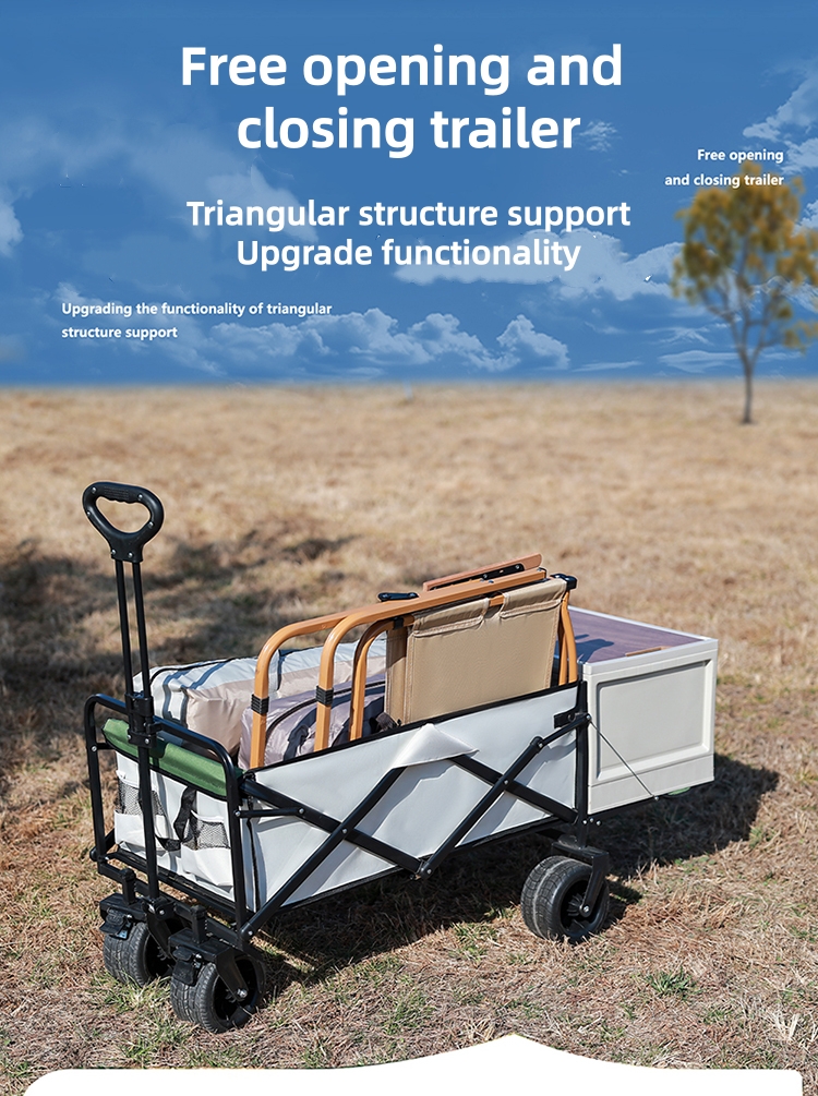 Folding trailer with free opening and closing mechanism and triangular support structure