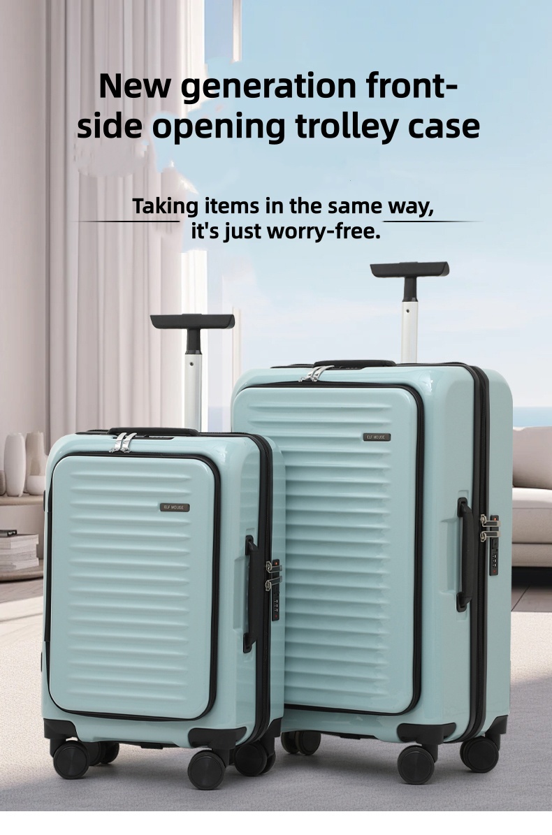 Front opening quick access compartment on a modern trolley suitcase