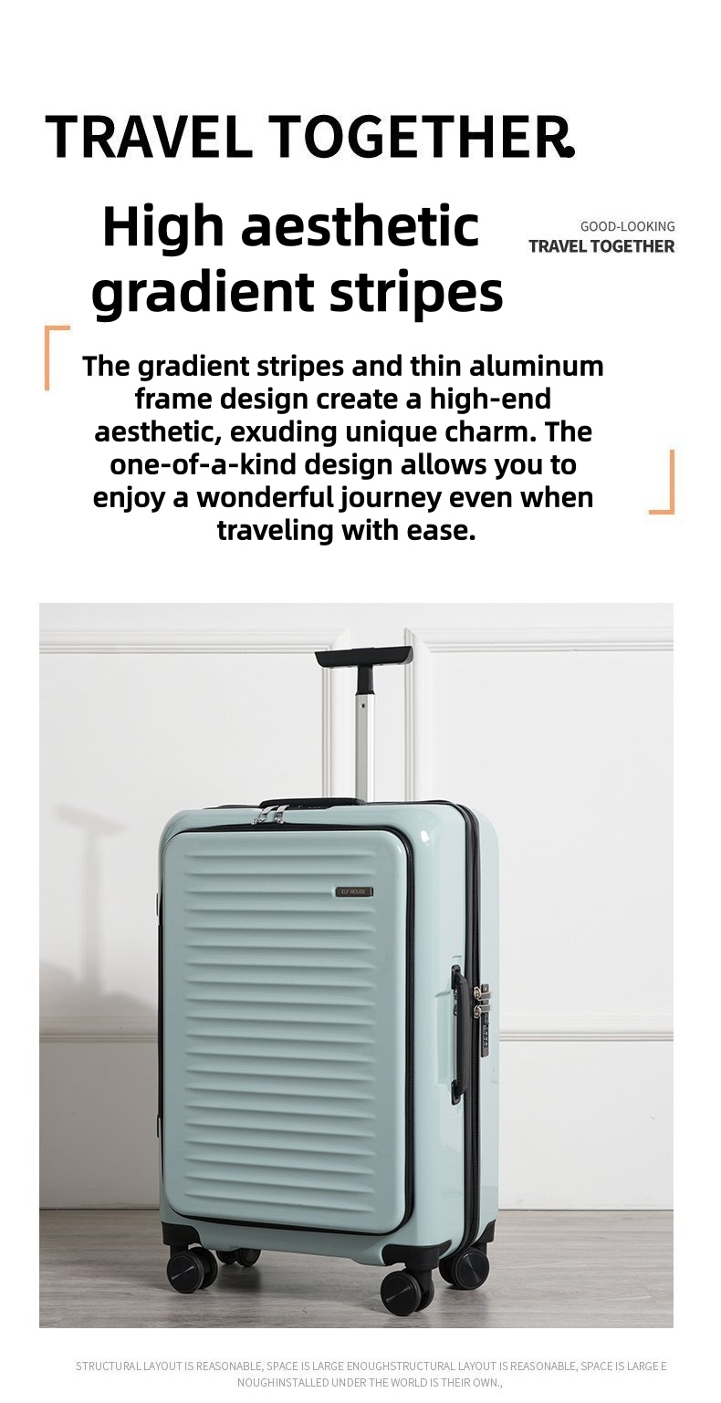 High-end gradient stripes aluminum frame spinner luggage open for travel