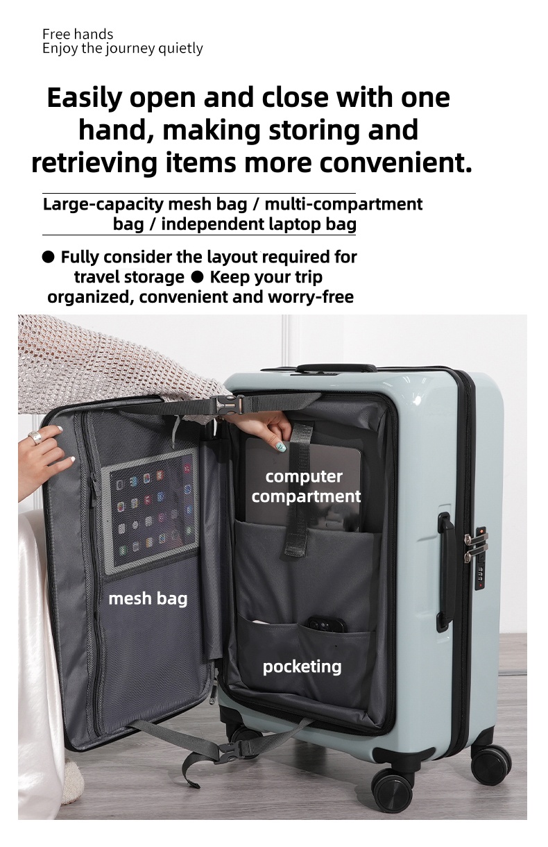 Spinner luggage interior with laptop compartment, mesh pockets, and organizational dividers