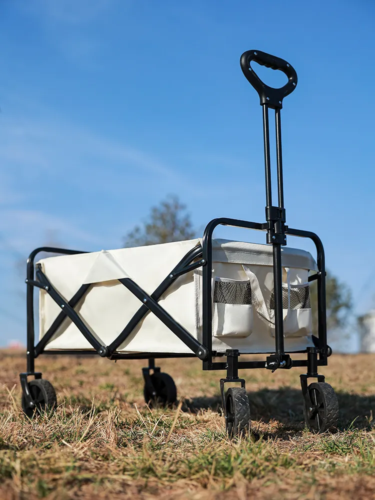 Happy family enjoying outdoor camping and adventure with a versatile utility cart in nature
