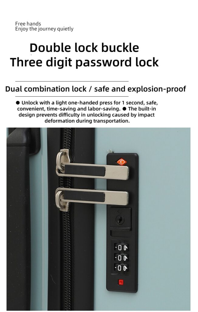 Close-up of double buckle three-digit TSA approved combination lock on suitcase
