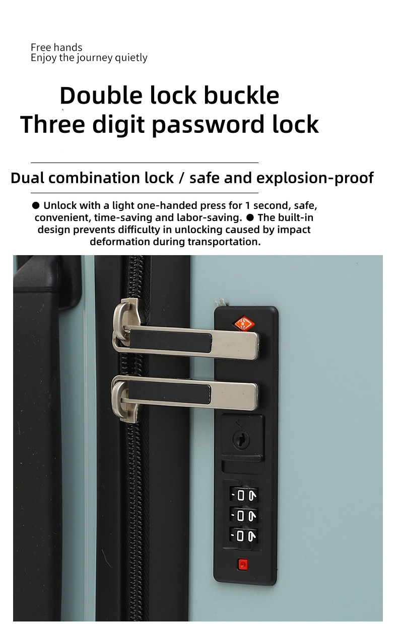 Close-up of double buckle three-digit TSA approved combination lock on suitcase