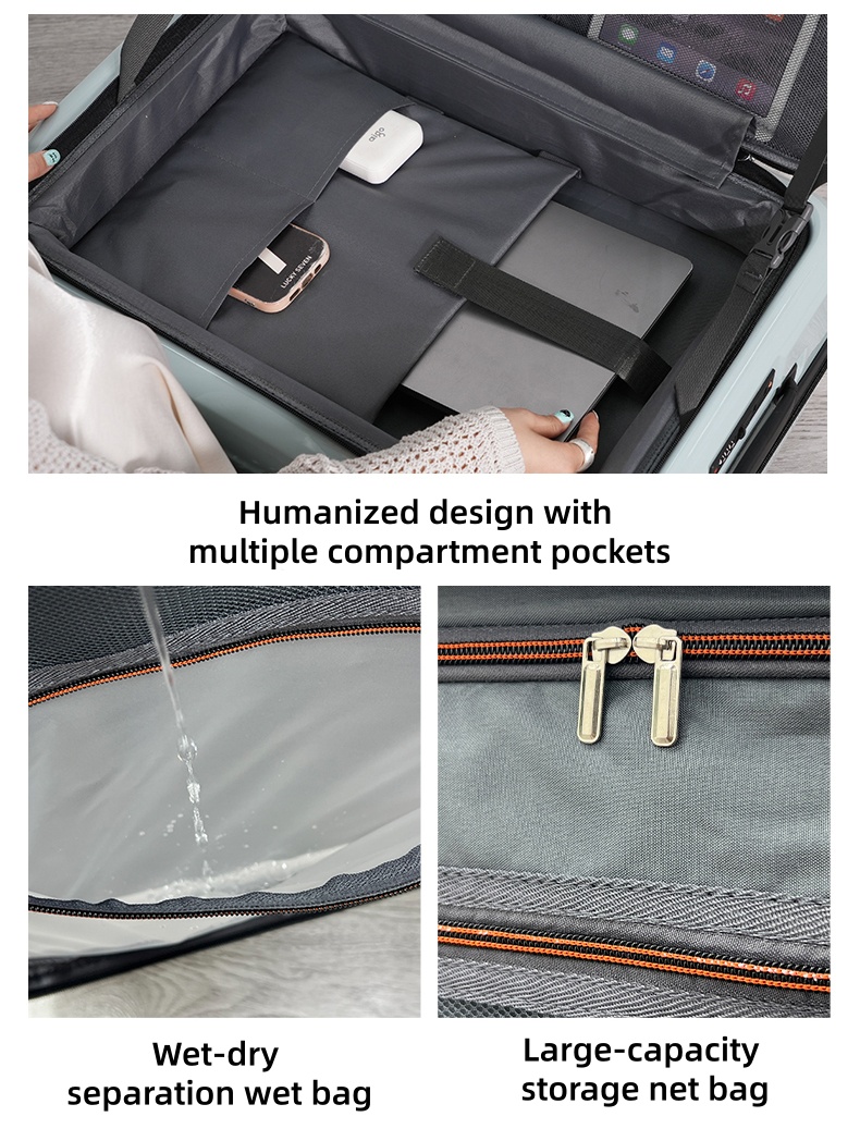 Interior of suitcase showing waterproof wet-dry separation bag and large mesh storage pocket