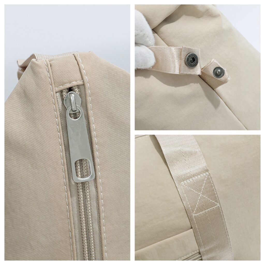 Sports travel bags with high-quality metal hardware accessories, including zippers and buckles.