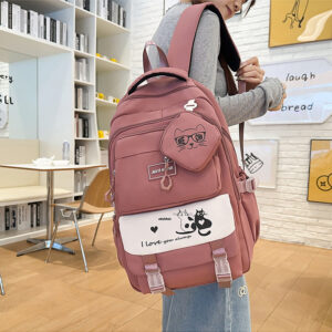 Wholesale custom student backpack front view on model, showing perfect size for school use and daily commute